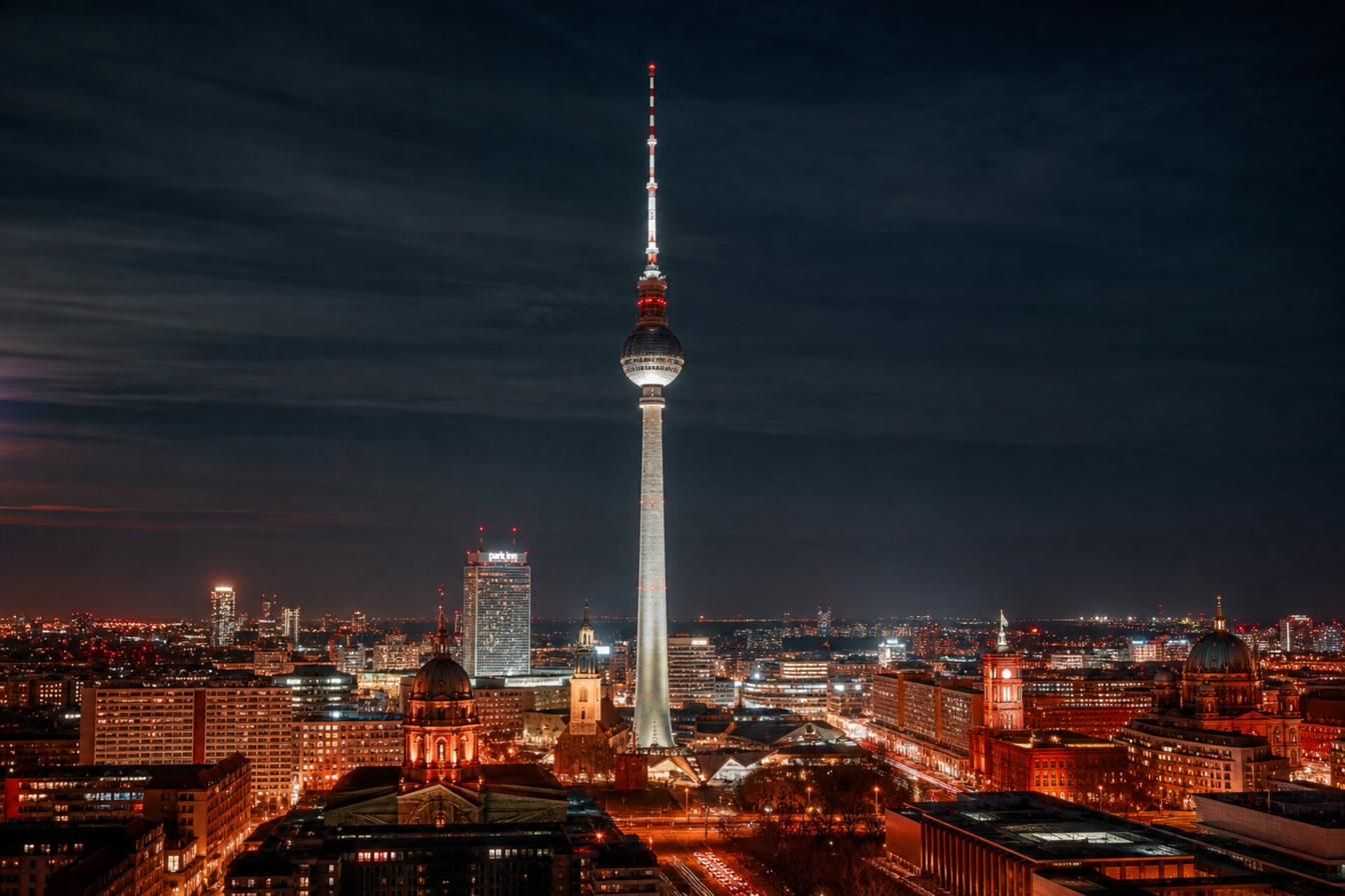 Werbefokus - Werbeagentur für Restaurants in Berlin Berlin Fernsehturm bei Nacht - Symbolbild für Werbefokus, Werbeagentur für Restaurants in Berlin